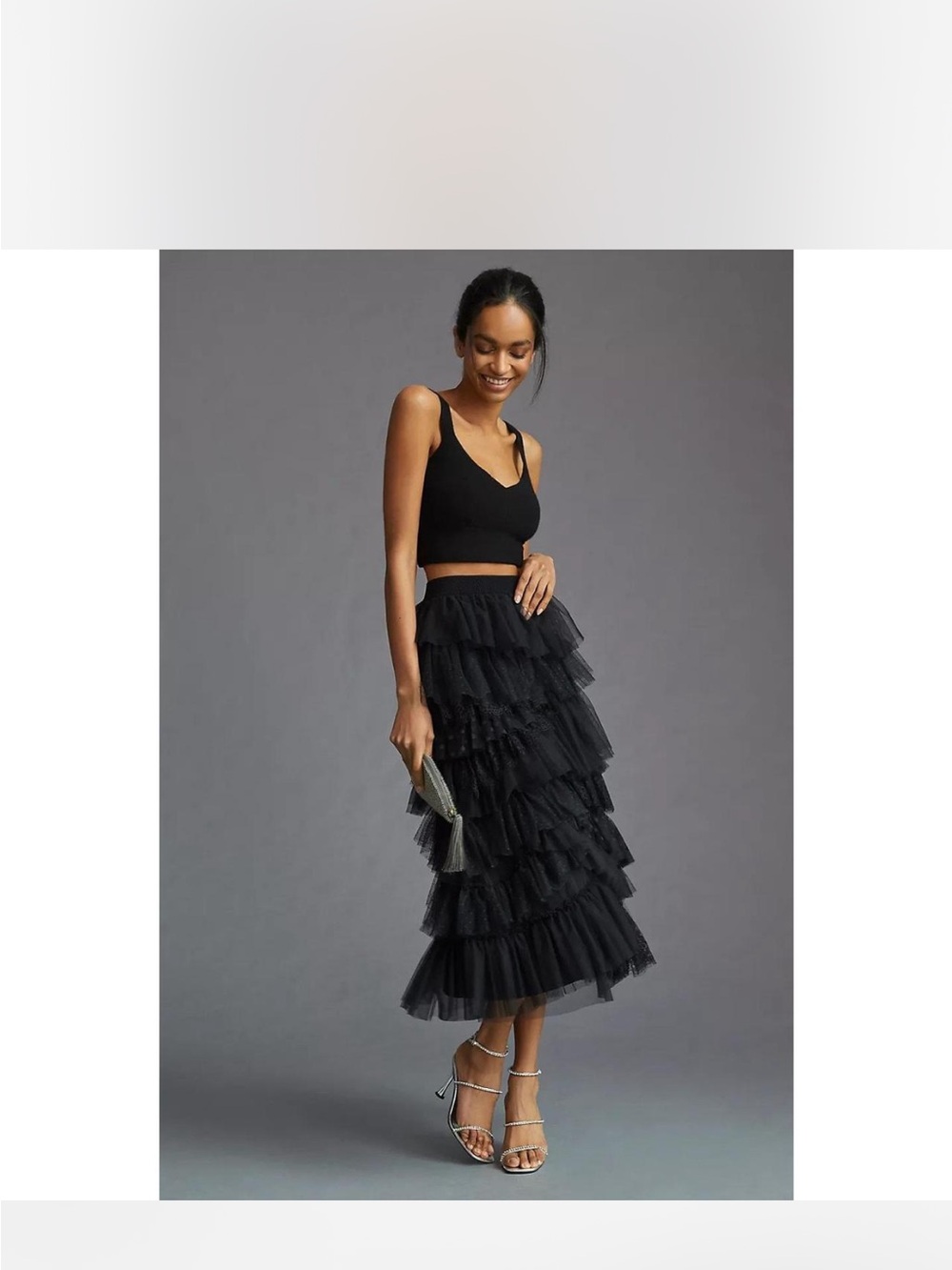 Anthropologie Black Tiered Ruffle Tulle Midi Skirt